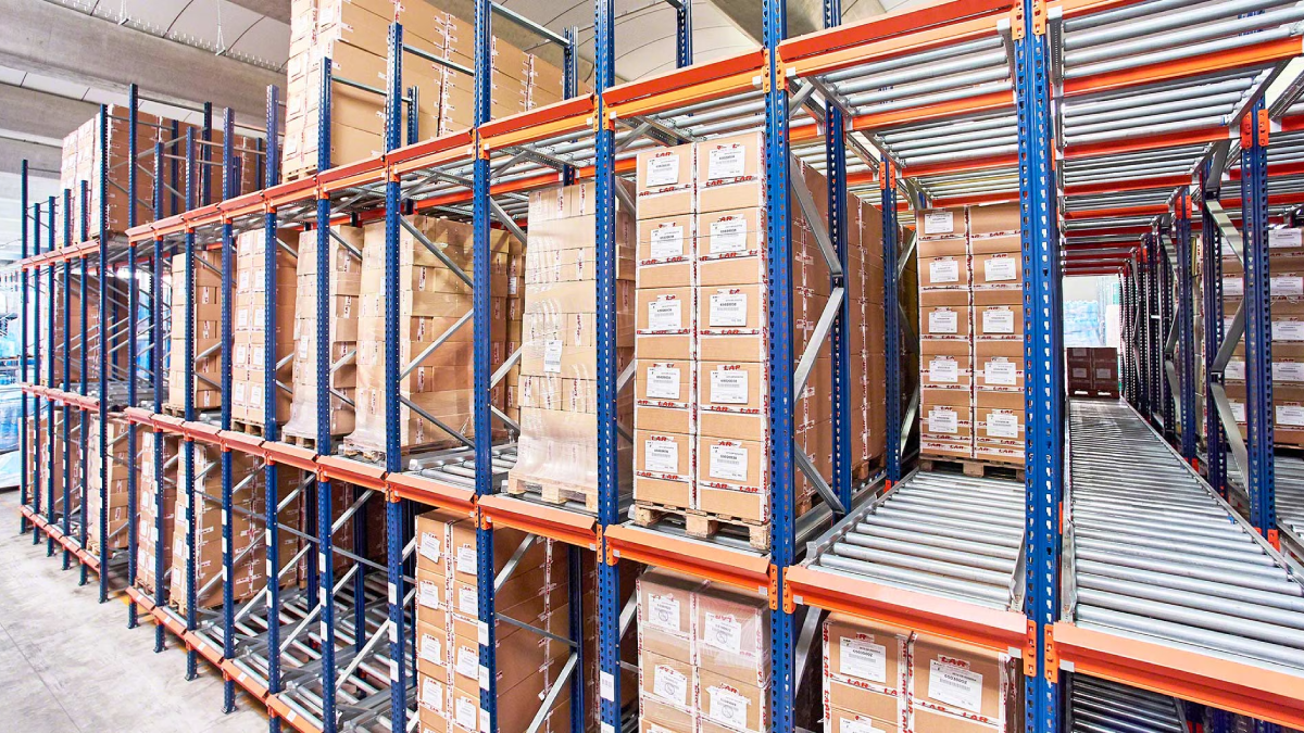 Gravity-fed pallet flow and carton flow racking systems used for FIFO inventory rotation
