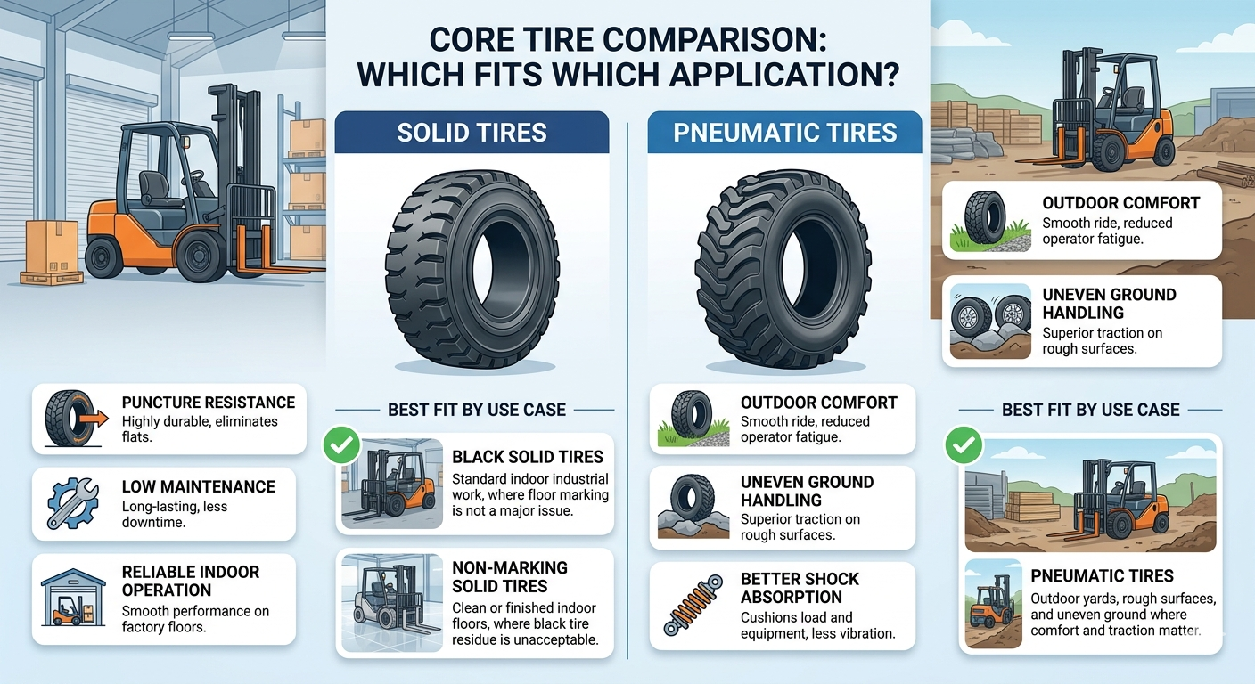 Side-by-side comparison of black solid tires, non-marking tires, and pneumatic tires