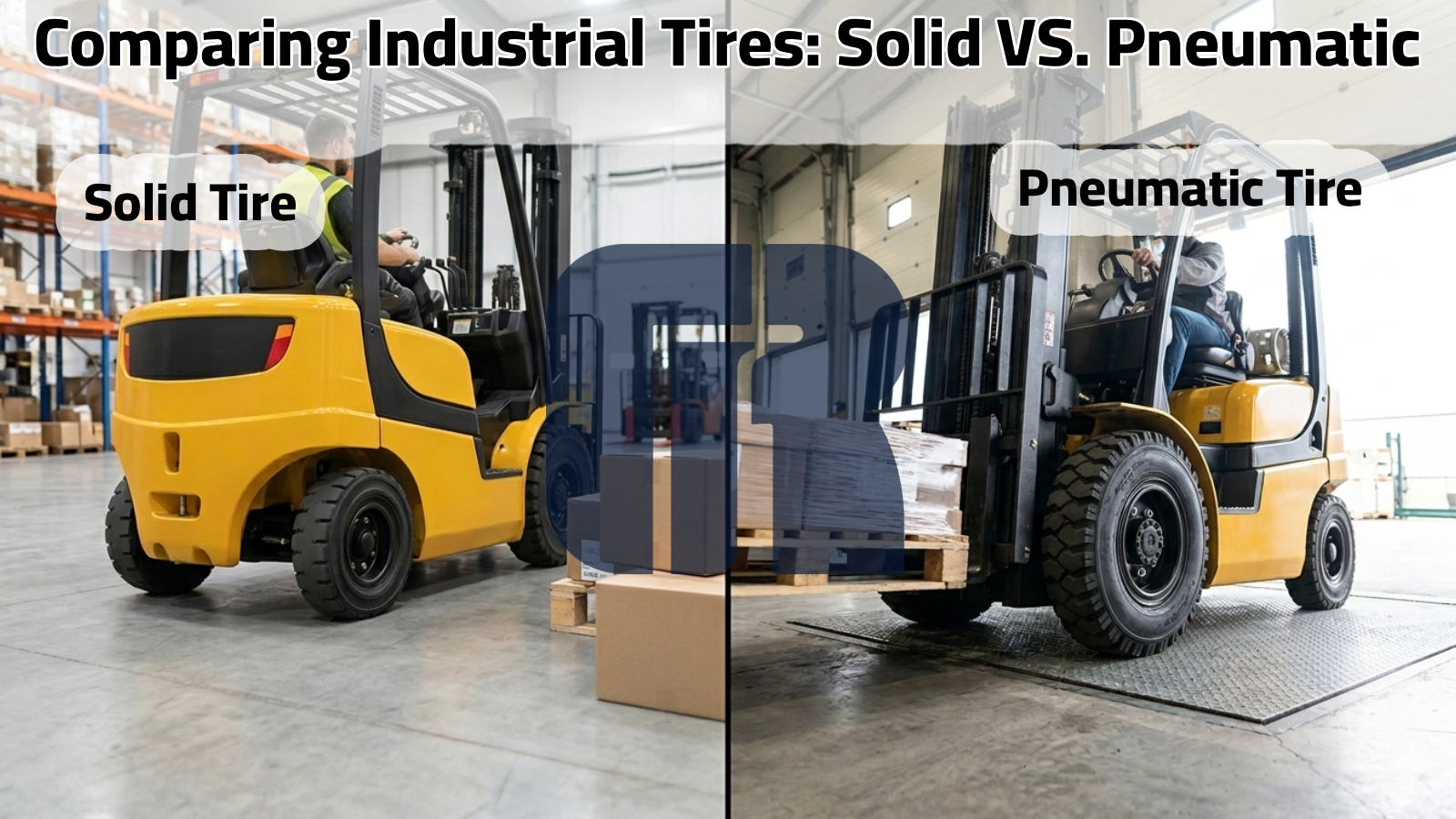 Forklift tire comparison showing solid tires and pneumatic tires in an industrial environment