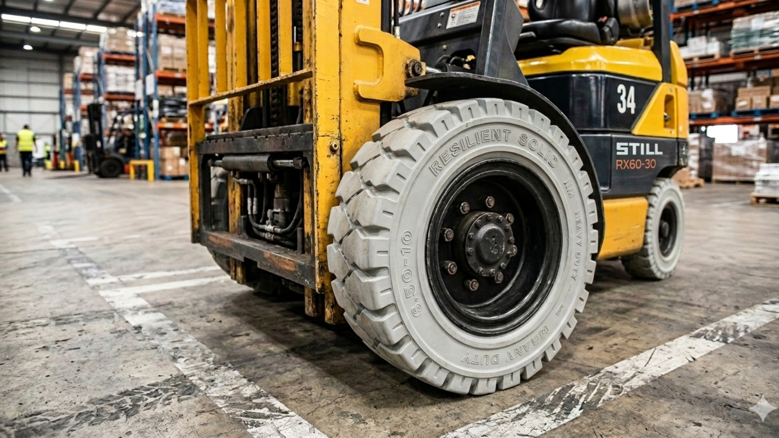 Non-marking solid forklift tires on a clean warehouse floor