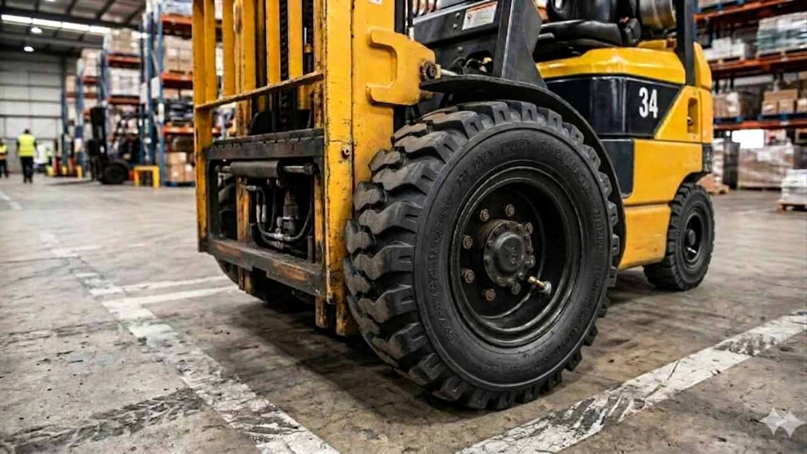 Pneumatic forklift tires operating on rough outdoor ground