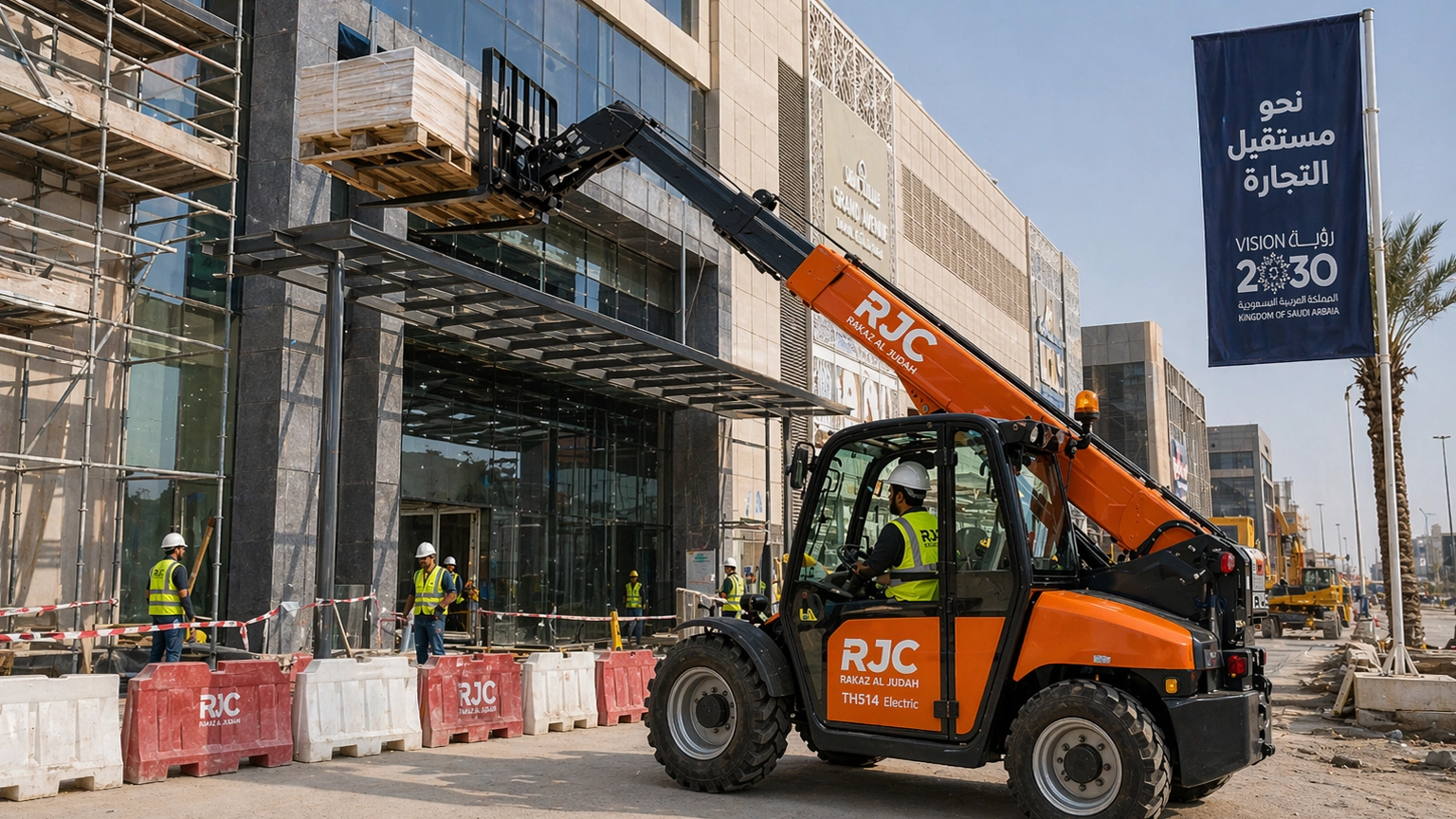 Compact telehandler moving fit-out materials from delivery bay to storefront