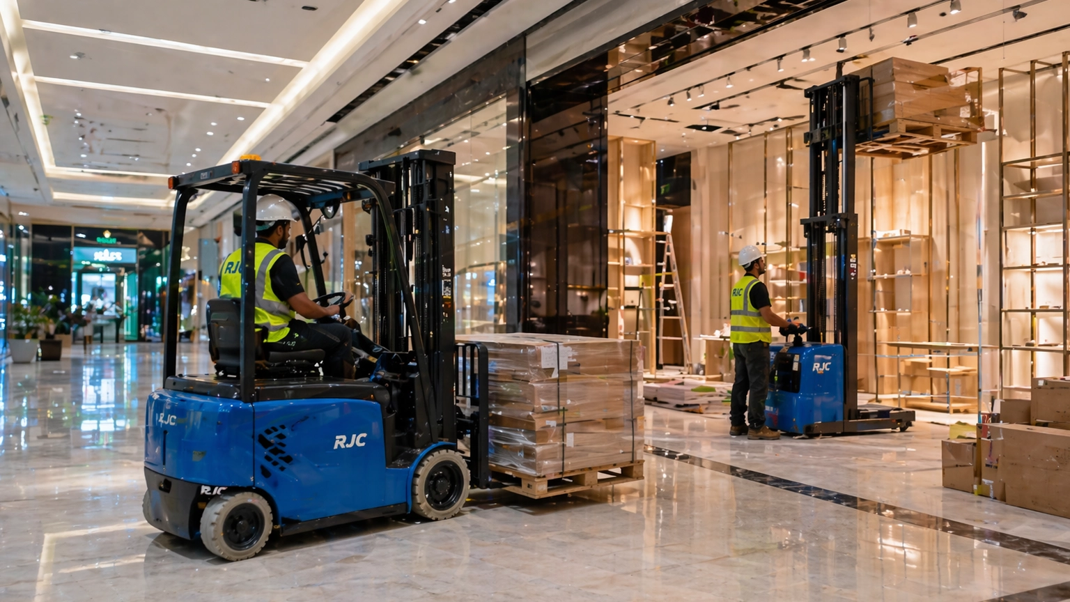 Compact electric forklift and stacker moving materials during a retail fit-out