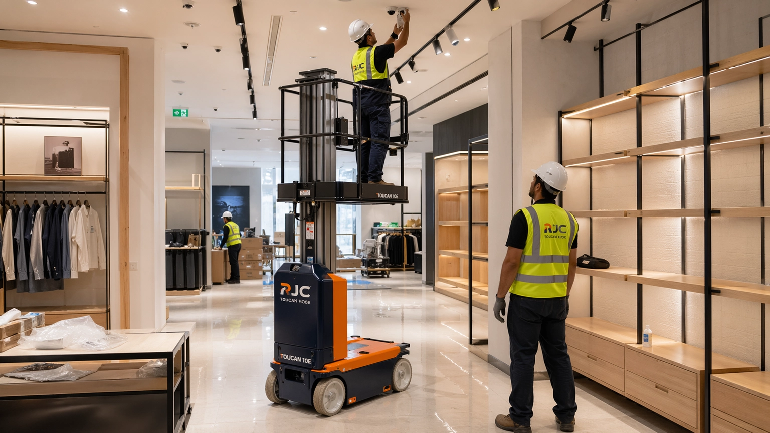 Vertical mast lift used for final retail fit-out works inside a shop